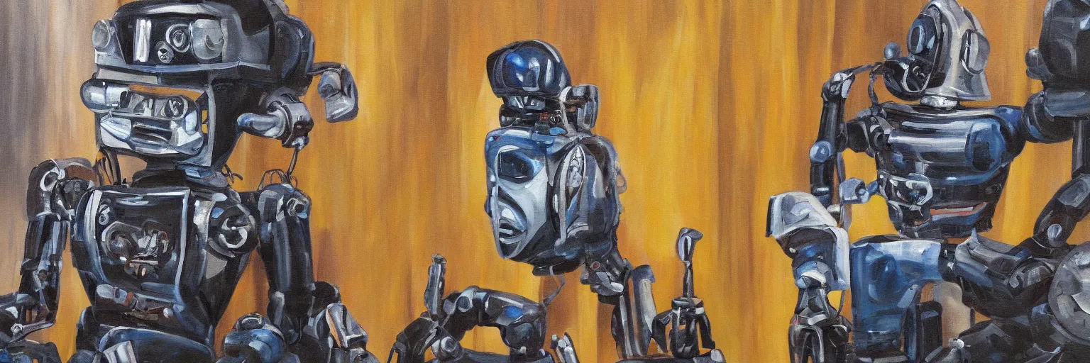 Prompt: A painting of a robot painting a self-portrait