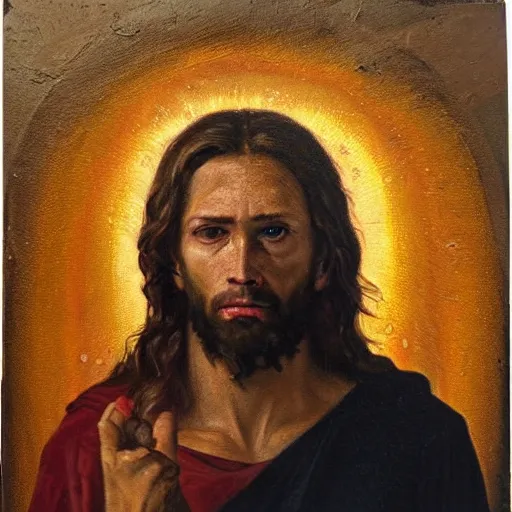 Prompt: oil painting by christian rex van minnen of a portrait of jesus christ, a depiction of jesus christ, scary, bible accurate, eyes scary, stern look, gross, dirty with intense chiaroscuro lighting perfect composition, baby scarred, burns, horrible, disgusting, terrifying, award winning painting