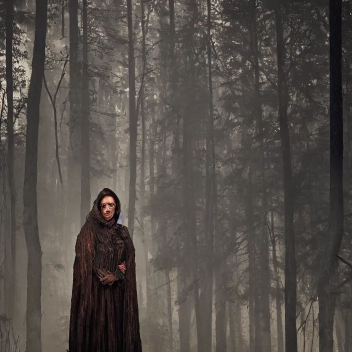 Prompt: portrait of a woman wearing a cloak of scrap metal in a charred, burnt forest, by Annie Leibovitz and Steve McCurry, natural light, detailed face, CANON Eos C300, ƒ1.8, 35mm, 8K, medium-format print