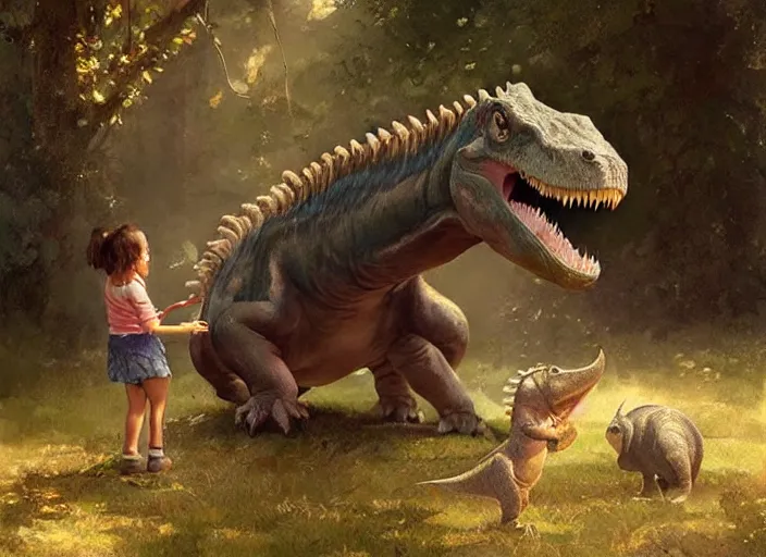 Image similar to a cute little girl with wavy curly brown hair meets a realistic accurate dinosaur. beautiful painting by greg rutkowski