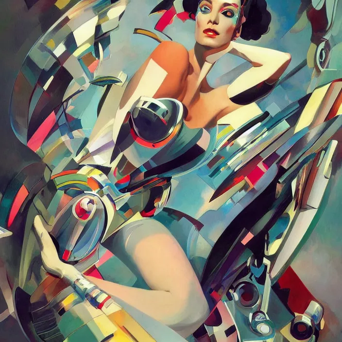 Prompt: cyborg princess, full body, high fashion, futurism, aerodynamic, flowing, intricate, slick, highly detailed, digital painting, vogue, concept art, smooth, sharp focus, hd, art by syd mead and kandinsky and annie leibovitz