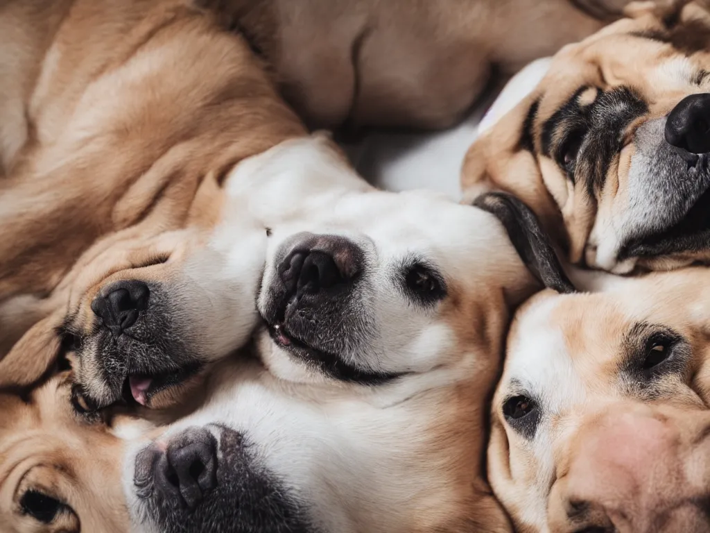 Image similar to fat dogs lying down and smiling at the camera, high definition detail, 8 k, photography