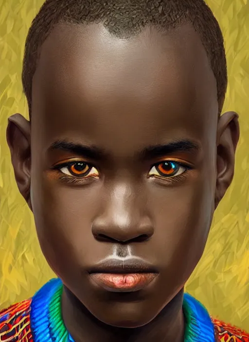 Prompt: colourful upper half portrait of an african boy, highly detailed, digital painting, illustration, smooth, sharp focus, intricate, symmetry, pinterest, behance, artstation