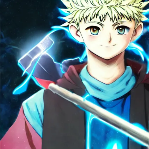 Prompt: portrait of killua zoldyck ( hunter x hunter ) as thor, anime fantasy illustration by makoto shinkai and tomoyuki yamasaki, madhouse, ufotable