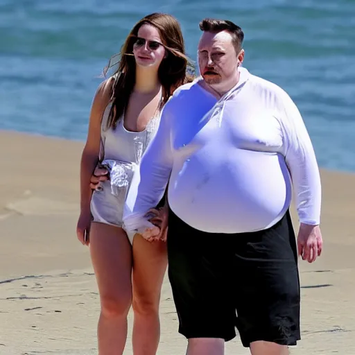 Prompt: morbidly obese elon musk with pedo mustache holding hands with emma watson on a beach vacation 8k