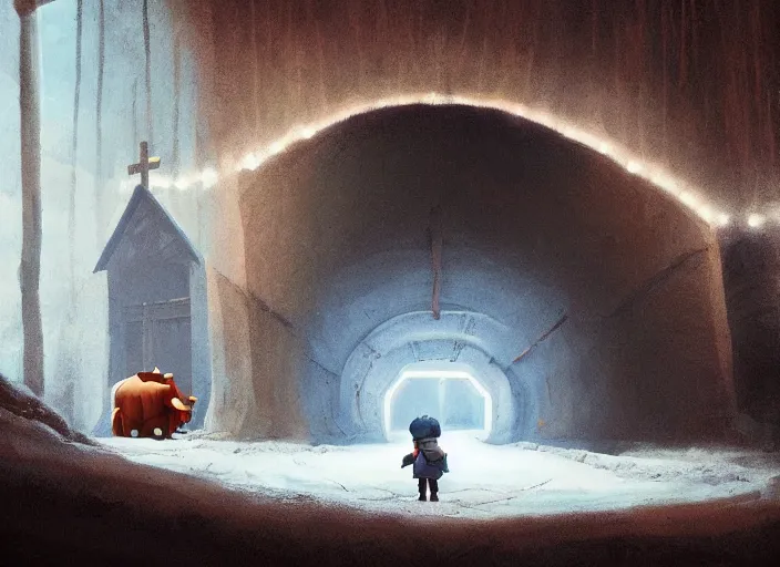 Image similar to the tunnel into winter, cottagecore, giant bull inside church, glowing eyes, by Baksinsky, painted by Goro Fujita