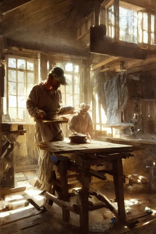 Image similar to simple craftsman fine woodworker building a wooden table in their well lit clean open workshop, art by anders zorn, wonderful masterpiece by greg rutkowski, beautiful cinematic light, american romanticism thomas lawrence, greg rutkowski