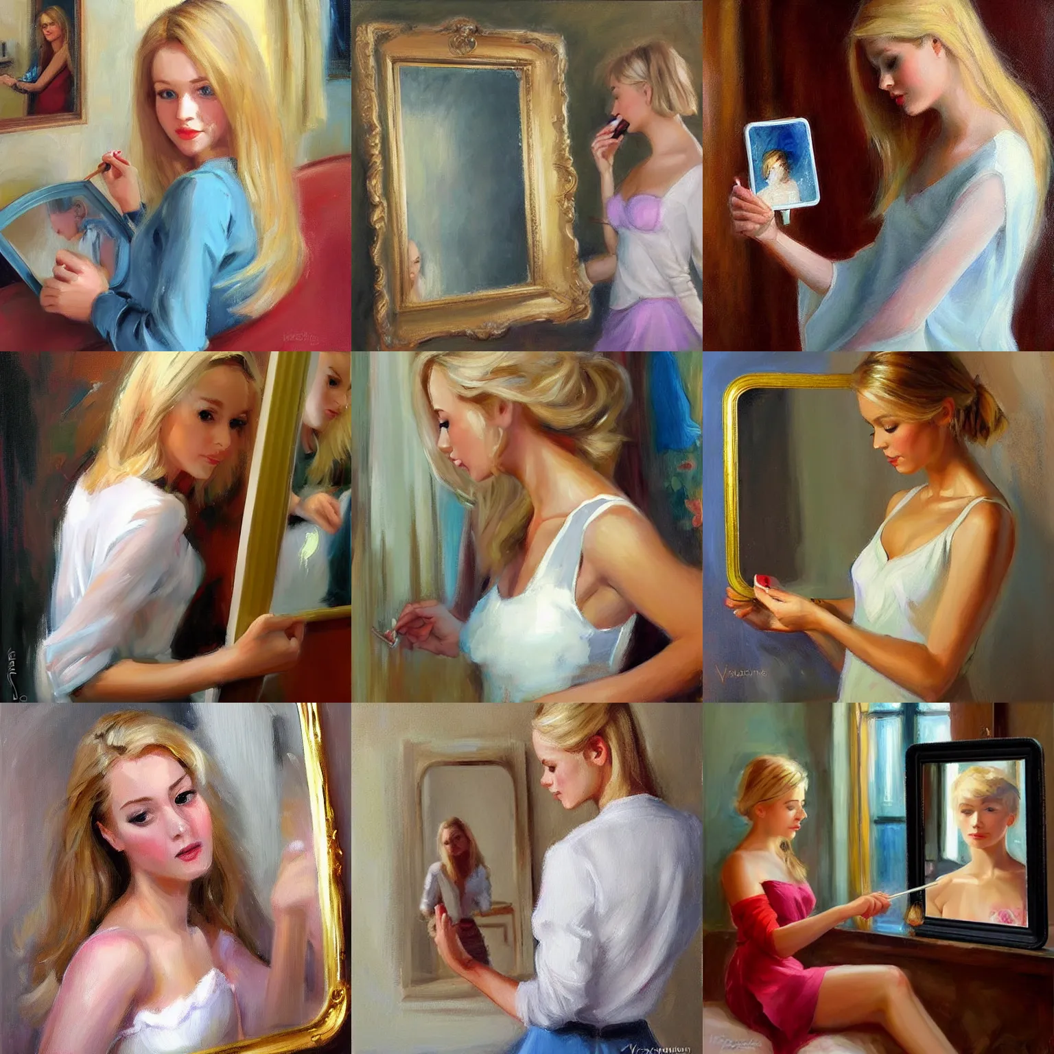 Prompt: young blonde mirror selfie, painting by Vladimir Volegov