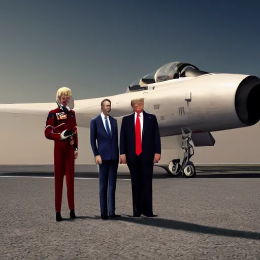 Prompt: Donald Trump with jet fighter pilots body, realistic artstyle, wide shot, dramatic lighting, octane render, hyperrealistic, high quality, highly detailed, HD, beautiful, cinematic, 8k, unreal engine, facial accuracy, symmetrical