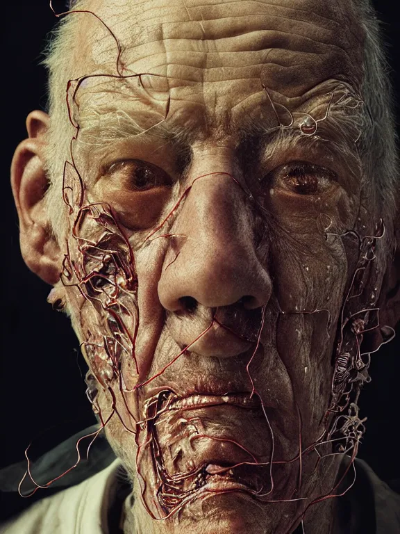 Prompt: portrait of old man, skin peeling to reveal cybernetics, wires, art by ryo shiotani and greg rutkowski, intricate, beautiful, portrait photography, cinematic lighting, vintage art by serge ivanoff, high resolution, very detailed
