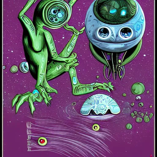 Image similar to alien with jewels for eyes, on exotic dreamy planet, jim henson creature shop, heavy metal magazine, illustration, mike mignogna