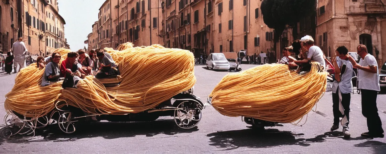 Image similar to a group of people on the streets of rome riding in a car made of spaghetti, canon 5 0 mm, cinematic lighting, photography, retro, film, kodachrome