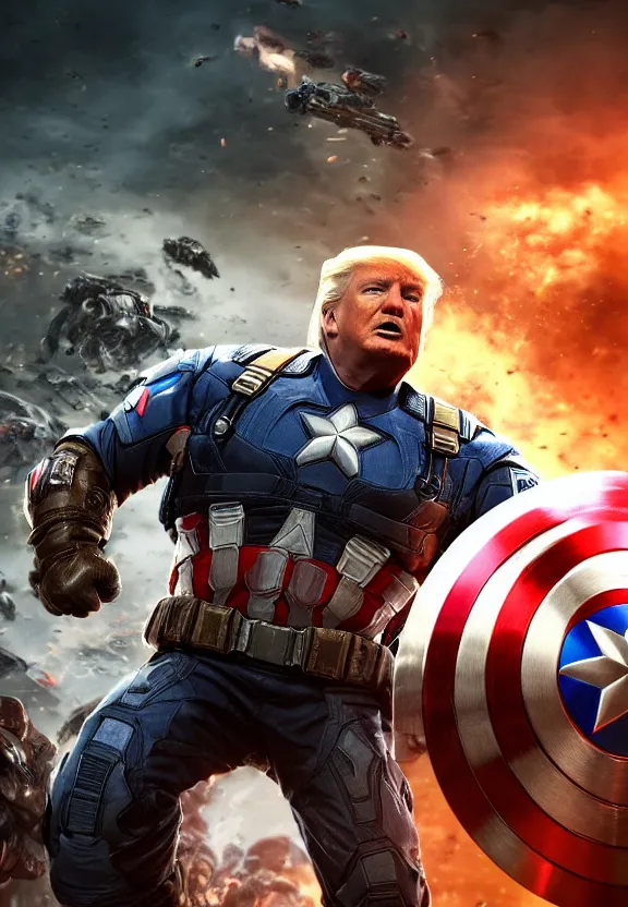 Image similar to Portrait of Donald Trump as captain america in Gears of War, splash art, movie still, cinematic lighting, dramatic, octane render, long lens, shallow depth of field, bokeh, anamorphic lens flare, 8k, hyper detailed, 35mm film grain