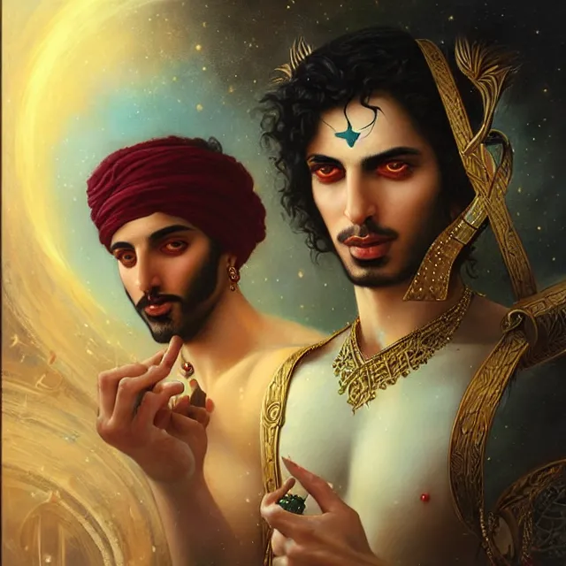 Prompt: portrait of a magical persian male genie, art by tom bagshaw and manuel sanjulian and franz xaver kosler