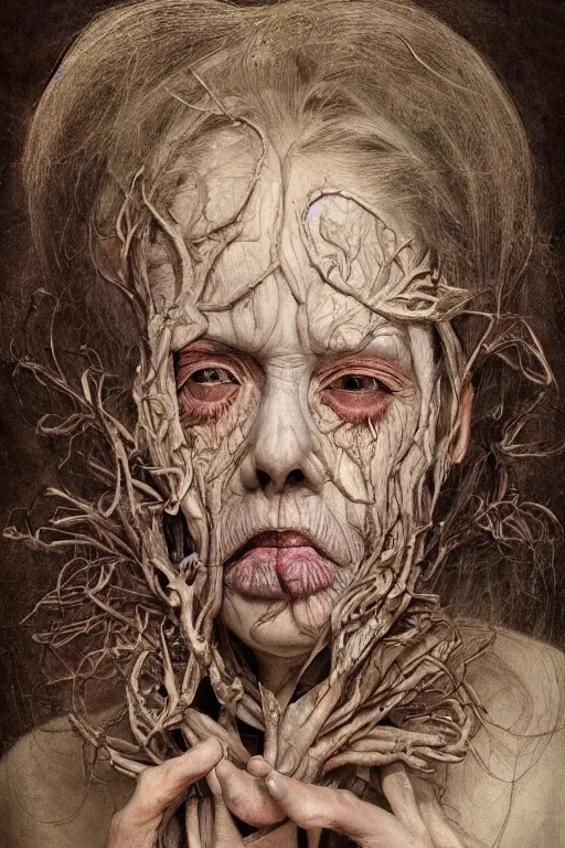 Image similar to Detailed maximalist portrait of a beautiful old woman with large lips and eyes, scared expression, botanical skeletal with extra flesh, HD mixed media, 3D collage, highly detailed and intricate, surreal illustration in the style of Jenny Saville , dark art, baroque, centred in image
