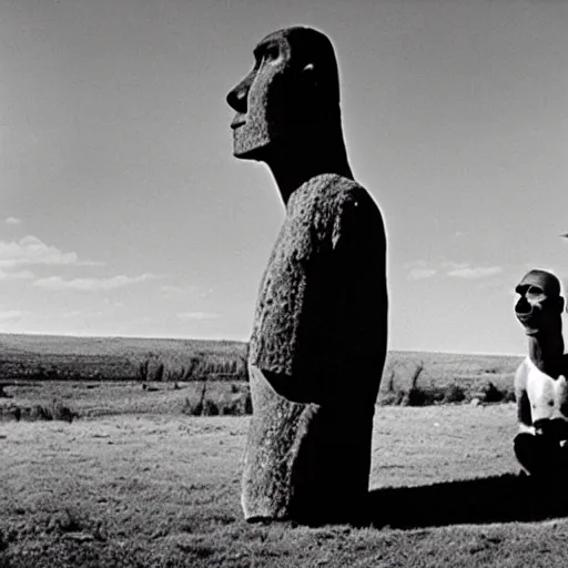 Image similar to easter island moai as the main character in a black and white noir film wearing a fedora, intricate, 1 9 4 0 s film noir, sharp focus, sharp shadows, robert siodmak, fritz lang, otto preminger, orson welles, billy wilder