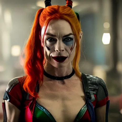 Prompt: A still of Julianne Nicholson as Harley Quinn