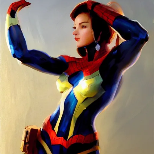 Image similar to greg manchess portrait painting of partially armored female spiderman as overwatch character, medium shot, asymmetrical, profile picture, organic painting, sunny day, matte painting, bold shapes, hard edges, street art, trending on artstation, by huang guangjian, gil elvgren, ruan jia, greg rutkowski, gaston bussiere