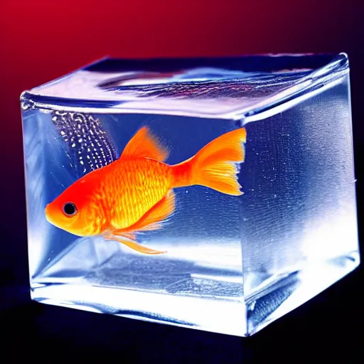 Prompt: a goldfish swimming inside a cube made of water looking at its reflection on the side of the cube