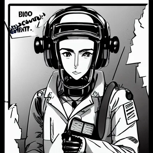 Image similar to manga, stoic heroic emotionless handsome butch blonde woman engineer in flight suit, victorian goggles, very short slicked - back hair, anxious and awkward, on the nostromo, alien 1 9 7 9, anime,