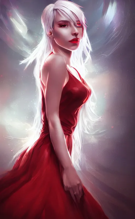 Image similar to the prettiest woman with silver blue hair, in a red and white dress portrait, dynamic lighting, fantasy concept art, trending on art station, stunning visuals, creative, cinematic, ultra detailed, ray tracing, sun rays, hyper realistic