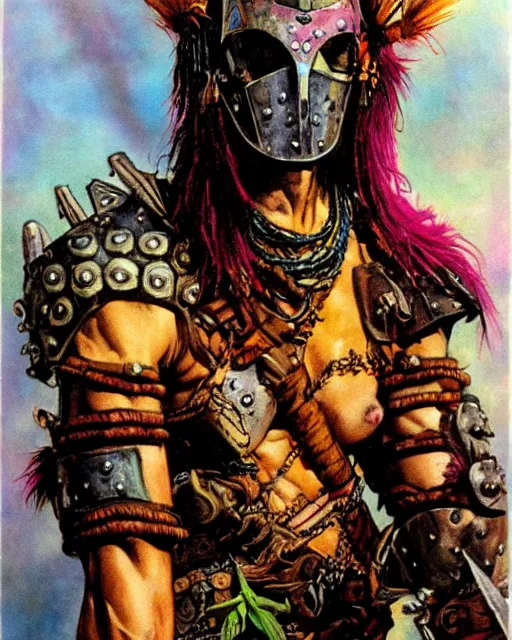 Prompt: portrait of a skinny punk barbarian wearing armor by simon bisley, john blance, frank frazetta, fantasy, thief warrior, floral flowers colorful
