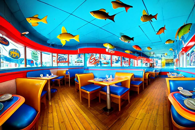 Image similar to 2 0 1 5 fish themed underwater american diner, googie architecture, two point perspective, americana, fishcore, restaurant interior photography, 8 5 mm, photo by jeff brouws