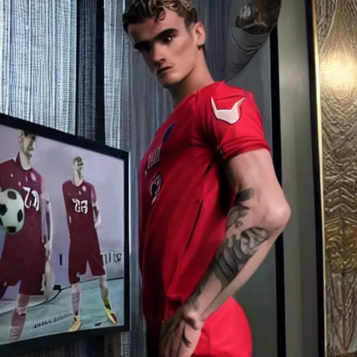 Image similar to a realistic detailed photo of a guy who is an attractive humanoid who is half robot and half humanoid, who is a male android, soccer player antoine griezmann, shiny skin, posing like a statue, blank stare, in a living room, on display, showing off his muscles