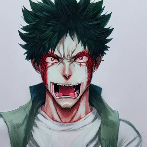 Prompt: Izuku Midoriya crying blood from his swollen eyes, Greg Rutkowski pencil painting