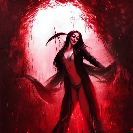 Image similar to Female vampire dancing in a rain of blood, matte painting by Artgerm, dramatic lighting