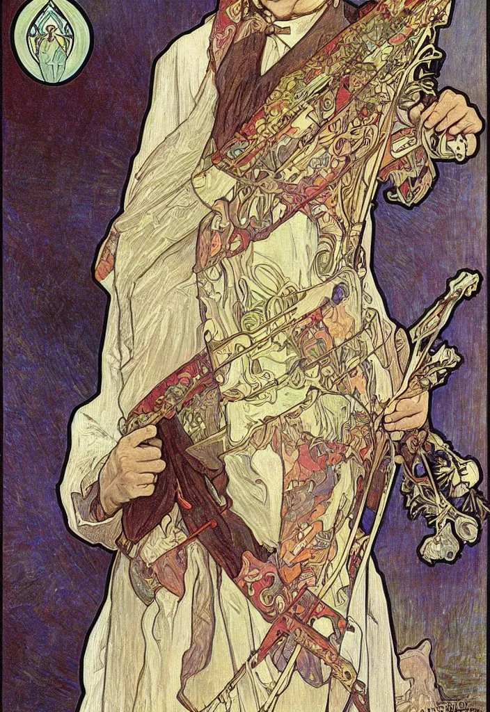 Image similar to realistic white - haired geoffrey hinton on a tarot card, tarot in art style by alphonse mucha