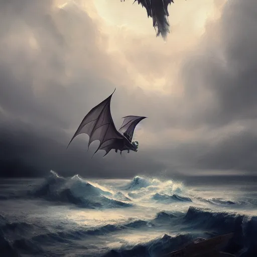 Image similar to dragon, huge wings, scary weather, stormy, ocean, spitfire, photography, hyperrealistic, by greg rutkowski, smooth, illustration, elegant, artstation, digital painting.