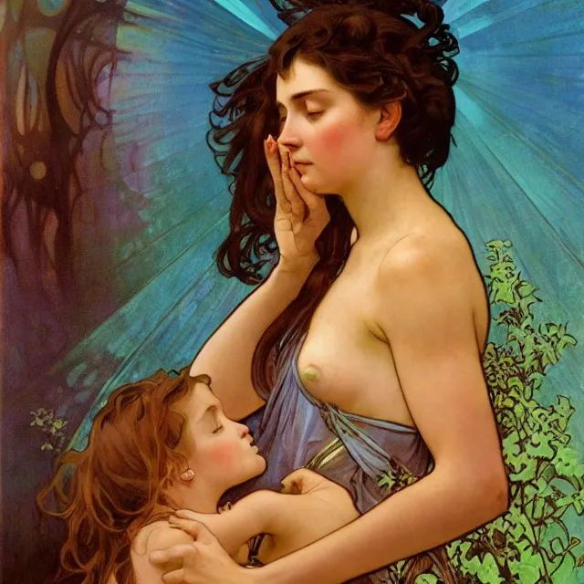 Image similar to an aesthetic! detailed portrait of an aesthetic woman crying mournfully while cradling a child, by frank frazetta and alphonse mucha, oil on canvas, bright colors, art nouveau, epic composition, dungeons and dragons fantasy art, hd, god - rays, ray - tracing, crisp contour - lines, huhd - 8 k