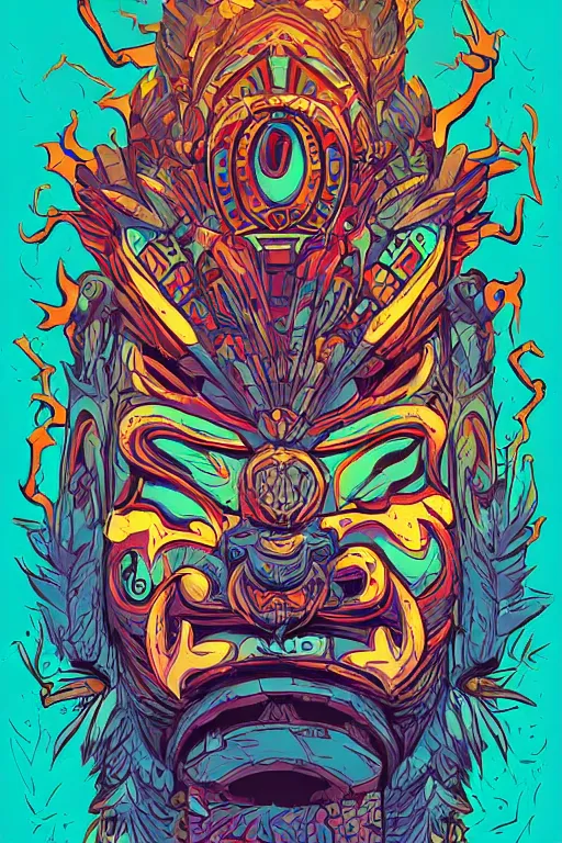 Image similar to totem animal mask tribal feather gemstone plant wood rock shaman vodoo video game vector illustration vivid multicolor borderlands comics by josan gonzales and dan mumford radiating a glowing aura