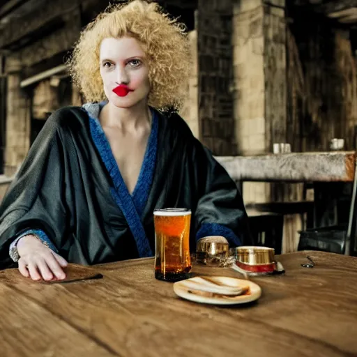 Prompt: a woman sitting at a table covered in empty beer mugs, a beautiful english woman with a long face narrow nose pale skin blue eyes red lips and wild messy tangles of curly white blonde hair, high resolution film still wearing a black robe drinking at a table, sandy, a journey to the west