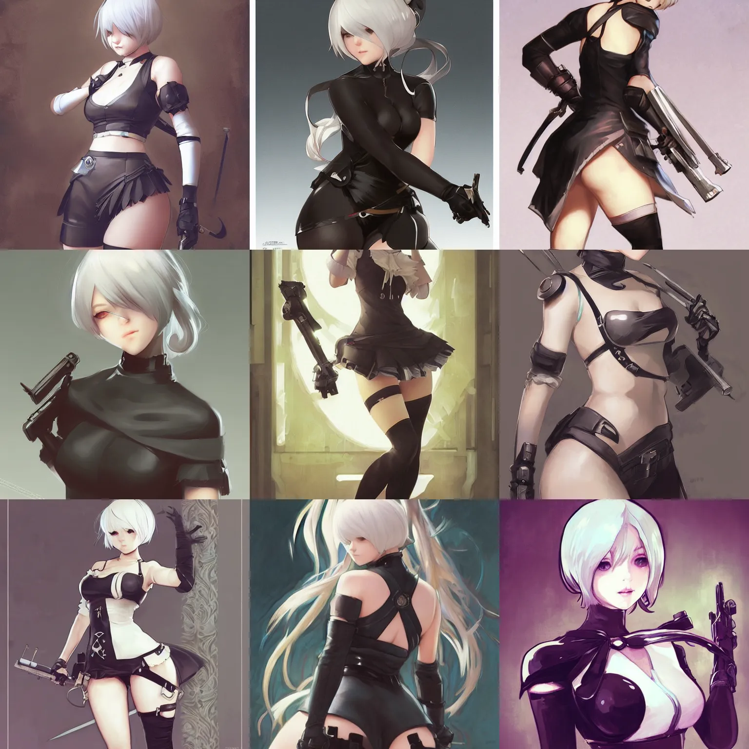 Prompt: an adorable 2 b from nier automata by krenz cushart, artgerm, alphonse mucha, akihiko yoshida