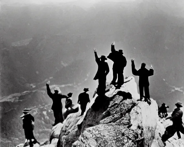 Image similar to a group of people standing on top of a mountain, a black and white photo by Sergio Larraín, featured on flickr, remodernism, movie still, criterion collection, 1920s