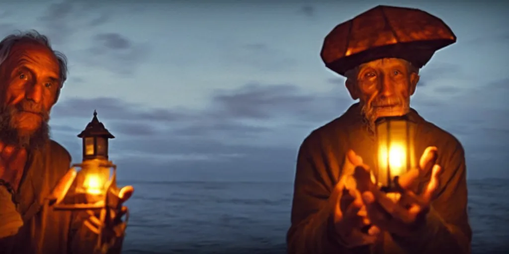 Image similar to film still of closeup old man holding up lantern by his beach hut at night. pirate ship in the ocean by emmanuel lubezki