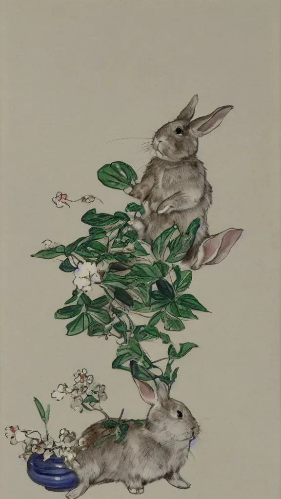 Image similar to in botanicals room a porcelain rabbit statue having a japanese kiseru in hand painted by john singer sargent