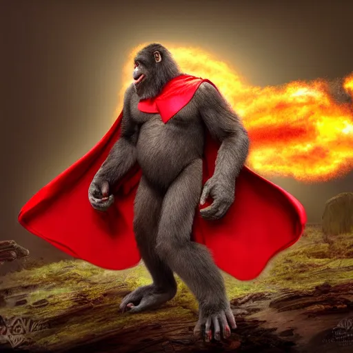 Image similar to fury art, an anthro ape wearing a large cape, exploding background, 3 d, 8 k, extremely detailed, furaffinity, artstation, award winning, sharp focus, illustration