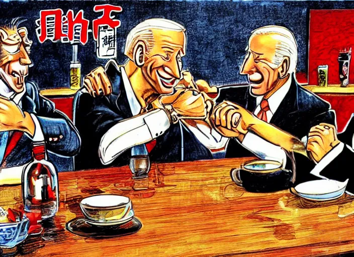 Image similar to joe biden arm wrestling xi jinping in a bar in china illustration by mike ploog