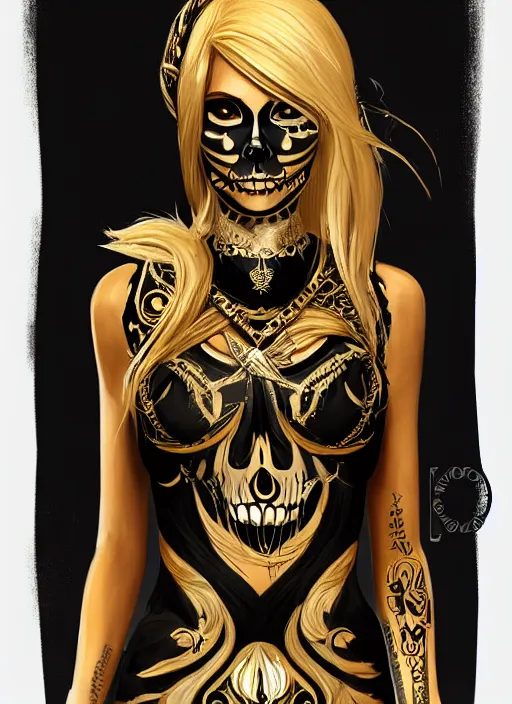 Prompt: a highly detailed illustration of fierce blonde tanned skin goddess wearing black and gold skull dress, dramatic powerful pose, perfect face, perfect body, intricate, elegant, highly detailed, centered, digital painting, artstation, concept art, smooth, sharp focus, league of legends concept art, wlop