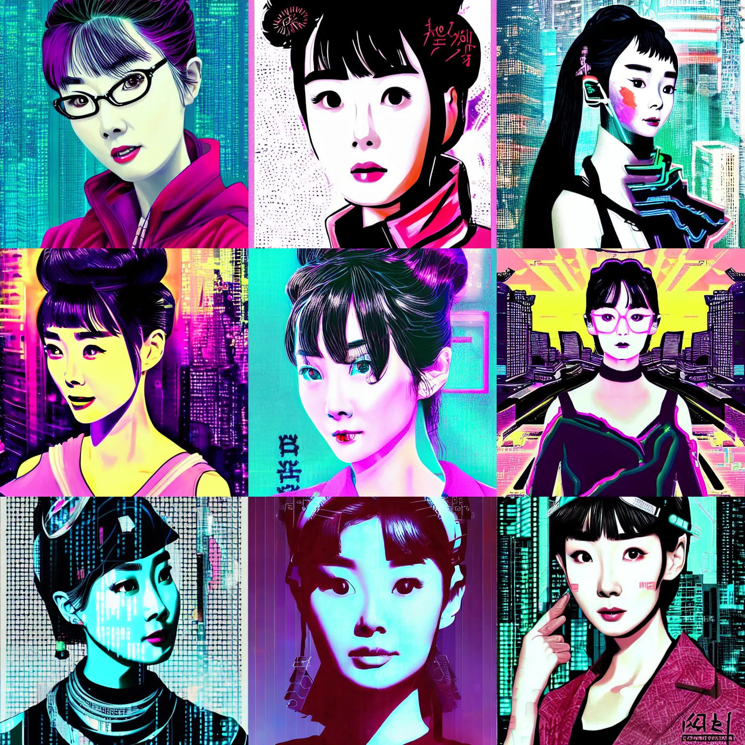 Prompt: korean audrey hepburn, detailed cyberpunk vaporwave portrait by tim doyle