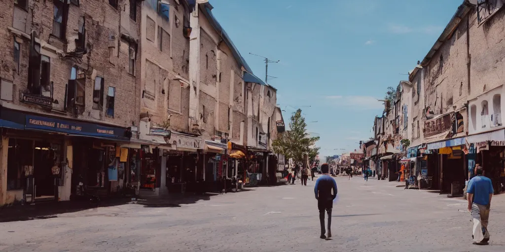 Image similar to a man walking in the town, wide - shot, professional color photograph