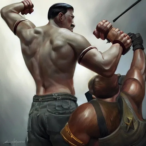 Prompt: Muscular adolf hitler fighting muscular Joseph stalin , digital art by Mandy Jurgens and Irina French and Heraldo Ortega , hyperdetailed, artstation, cgsociety