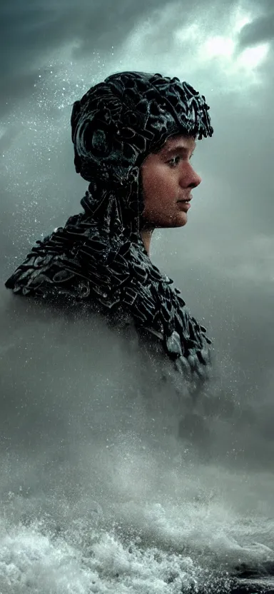Image similar to suit of armor, made of liquid, made of water, rising up from ocean, water armor, norway fjord, medium close up portrait, studio lighting, stormy seas, beautiful, bokeh, snowy, storm clouds, god rays, d & d, fantasy, elegant, low key color palette, concept art, roger deakins and greg rutkowski and alphonse mucha