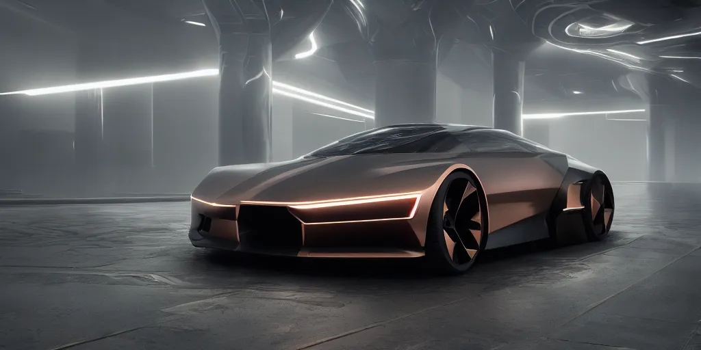 Prompt: a design of a futuristic vehicle, designed by Polestar, cyberpunk 2077 background, brushed rose gold car paint, black windows, dark show room, dramatic lighting, hyper realistic render, depth of field