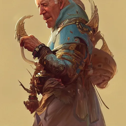 Image similar to Joe Biden , D&D, fantasy, intricate, elegant, highly detailed, digital painting, artstation, concept art, matte,illustration, hearthstone, art by Artgerm and Greg Rutkowski and Alphonse Mucha, simon stalenhag, hyperreal