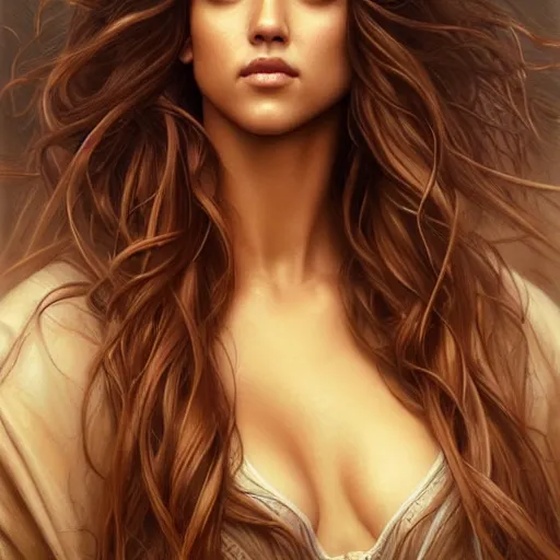 Image similar to beautiful striking Pre-Raphaelite Jessica Alba by Artgerm and Greg Rutkowski, flowing hair, intricate, elegant, highly detailed, digital painting