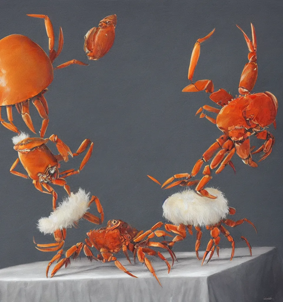 Prompt: still life painting of a fat crab lobster fish dancing with a laughing tall duck rabbit on a white table, high contrast lighting, impressionism, real fur, real feather